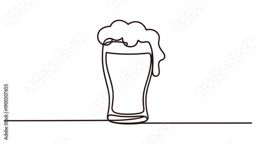 A single line drawing depicts a glass of beer with overflowing foam