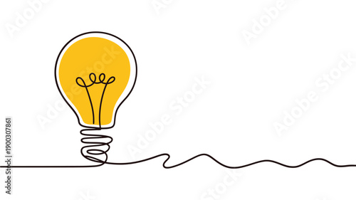 A single line drawing of a glowing lightbulb with a flowing cable