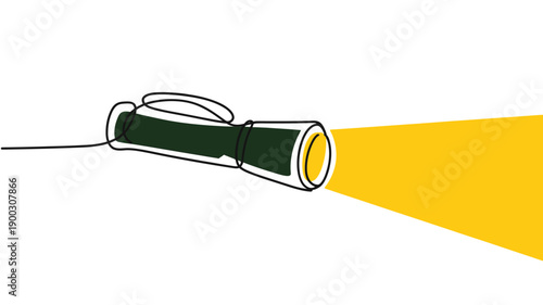 A single line drawing depicts a flashlight emitting a bright yellow beam