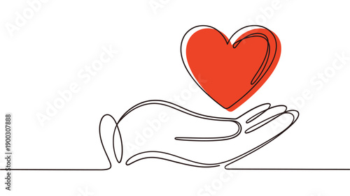 A red heart held within an open hand drawn as a continuous line