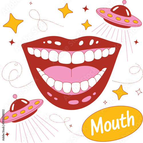 Large smiling cartoon mouth with flying saucers and stars in space theme teeth smile