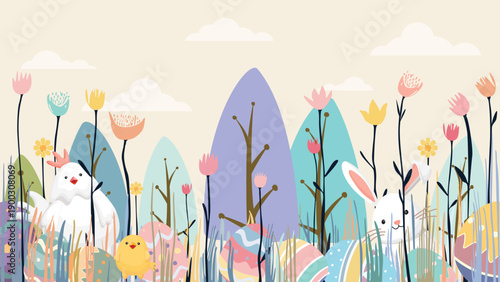Cute bunny, chick and Easter eggs in the garden hand drawn style illustration.