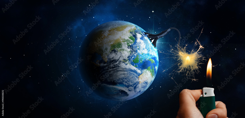 Fototapeta premium Earth globe with bomb fuse ignited by man with lighter in space. Anthropogenic planetary crisis, world destruction