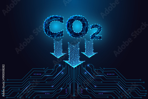 Carbon dioxide CO2 Reduction. Climate Tech Carbon Lowering Arrows, Low Poly Blue Vector Illustration