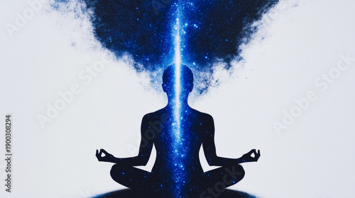 Minimalist woman silhouette in yoga meditation with cosmic beams, clean composition, palette of matte cream, graphite gray, and vivid cobalt, modern abstract spiritual design, AI generated