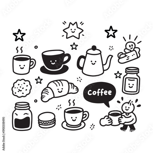 Hand drawn La Dolce Vita breakfast or brunch doodle. Cute black and white coffee doodle icon set featuring kettle, croissant, cookies, jar and happy characters.