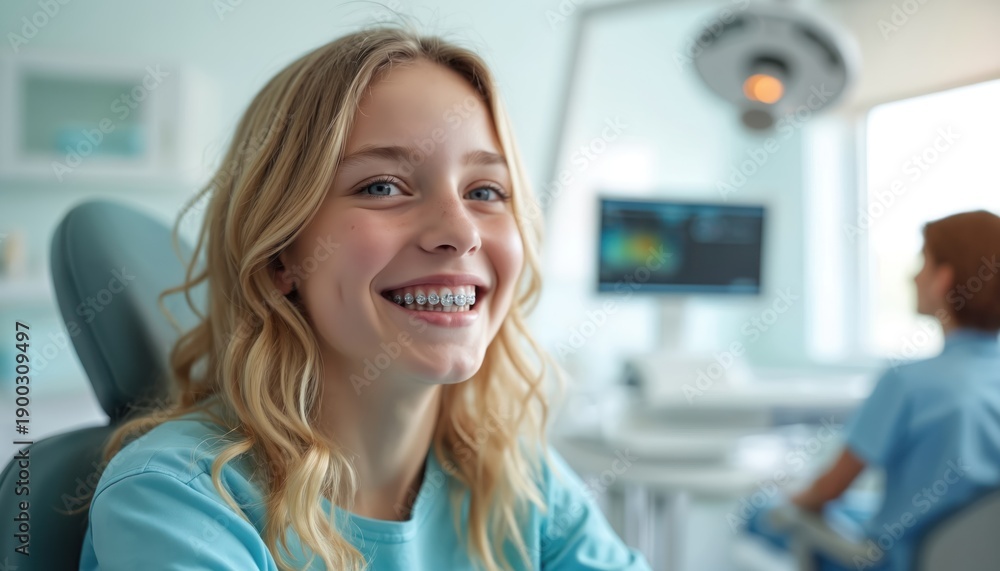 Fototapeta premium Teen girl with braces smiles happily in dental chair during orthodontic checkup. Modern clinic interior with dentist assistant in background. Positive youth experience with dental care.