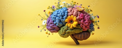 Colorful human brain composed of diverse wildflowers in basket. Represents neurodiversity mental health and unique thought processes. Vibrant mind concept banner.