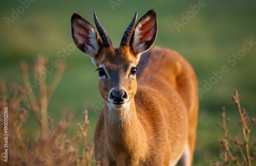 A shy Muntjac deer stands in a green grassy field during golden hour. This small brown mammal with large ears looks curiously towards camera, an introduced species in UK nature.