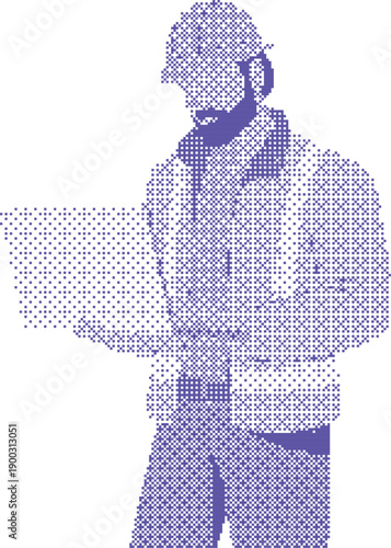 Halftone purple silhouette of person holding clipboard wearing cap and earphones