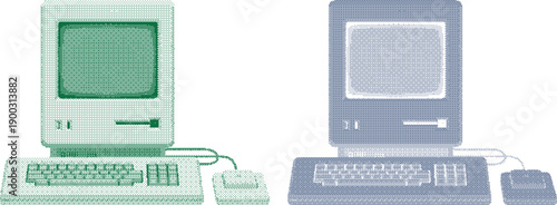 Two vintage green and blue Macintosh computers with keyboards and mice pixelated technology