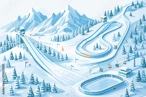 Detailed cartoon illustration of a vast alpine ski resort featuring groomed slopes and icy winter sports facilities
