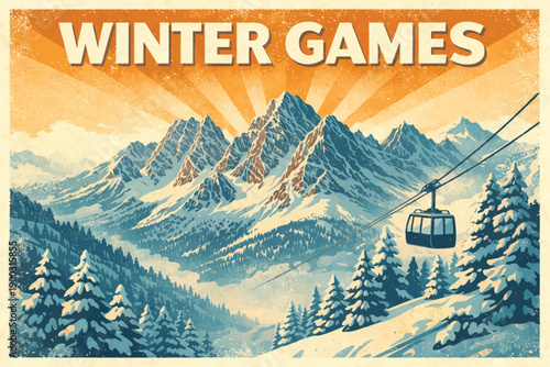 Vintage stylized illustration promoting winter games featuring snow covered mountains and a cable car ascending
