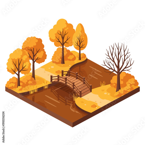 Isometric Autumn Park Scene with Bridge and Fall Trees