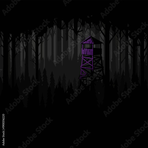 Dark forest background with purple hunting watchtower illustration