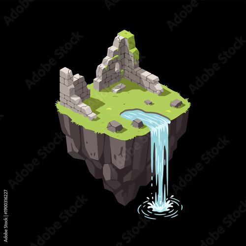 Isometric Floating Island with Waterfall and Ancient Stone Ruins