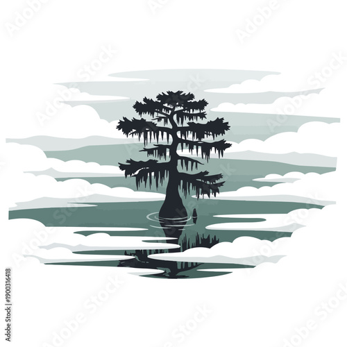 Silhouette of a moody cypress tree in a foggy swamp landscape vector art