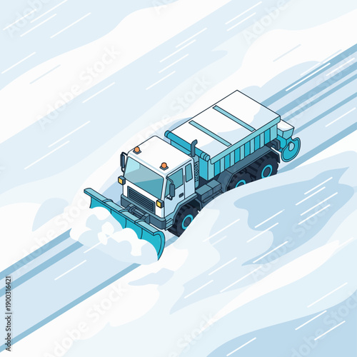 Isometric heavy snow plow truck clearing snow from a road