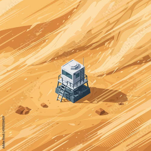 Isometric Outpost on Barren Desert Planet Surface Illustration