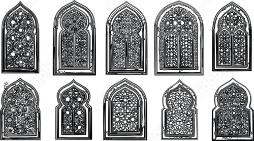 described features ten ornate, arch-shaped window or door designs presented in a black and white line art style.