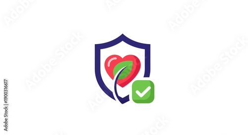 Shield with heart and check mark icon.