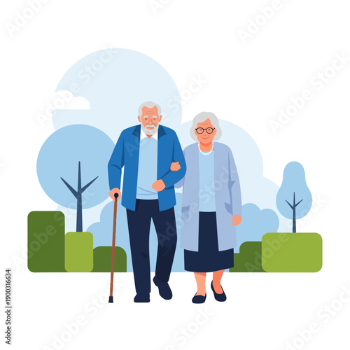 Senior Couple Walking Arm in Arm in Park Illustration