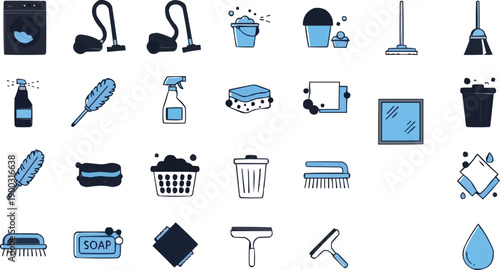 The image features a collection of vector graphic icons that represent various cleaning supplies and tools, designed in a cohesive style.