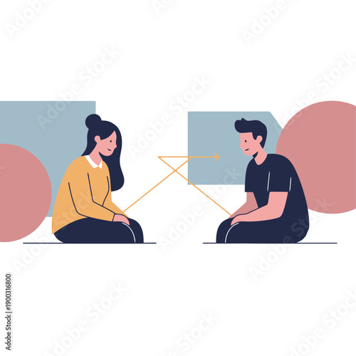 Two people sitting and talking connected by arrows, flat vector illustration.