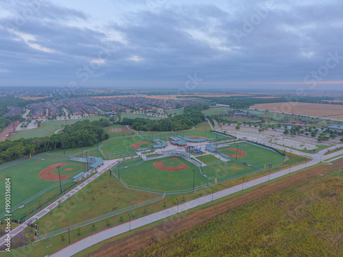 Foto Aerial View of Harold Bacchus Community Park with Sunrise, Frisco, Texas (August