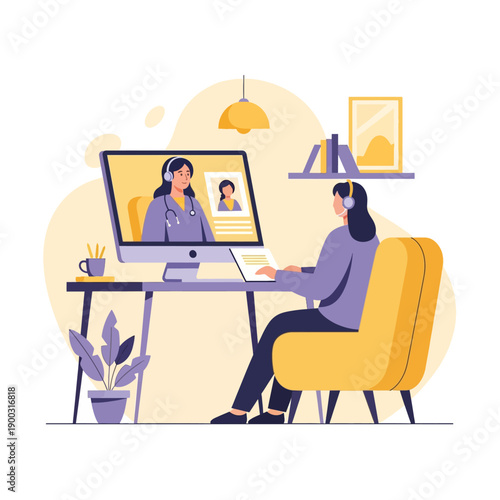 Patient having a telemedicine video call consultation with female doctor.