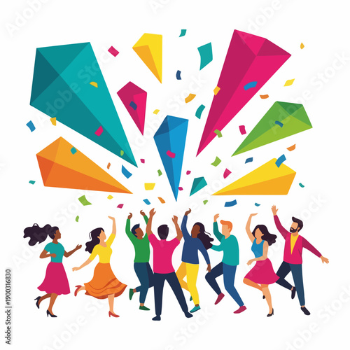 Diverse Group Dancing at a Celebration with Geometric Confetti Explosions