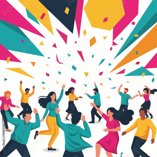 Diverse group dancing under a colorful confetti burst vector illustration