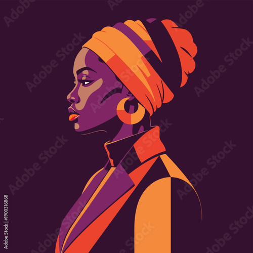 Stylized portrait of Black woman in vibrant orange turban and jacket.