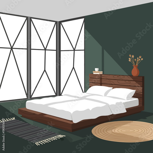 Modern Bedroom Interior Illustration with Industrial Windows and Wood Bed