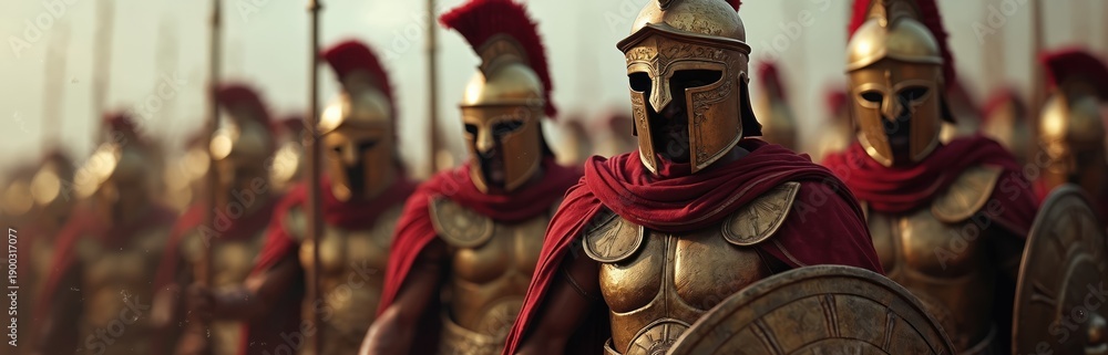 Fototapeta premium Group of ancient Spartan warriors in formation wearing helmets shields and armor. Soldiers prepare for battle with spears ready. They wear red capes and golden armor.