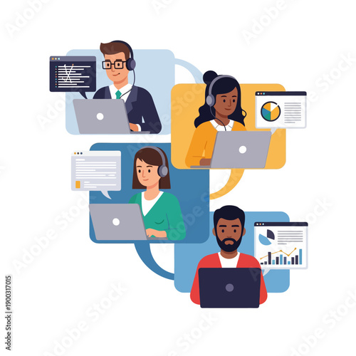 Virtual meeting with diverse professional team members working remotely