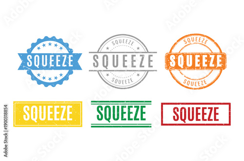 Diverse collection of squeeze rubber stamps in blue grey orange yellow green and red color variations