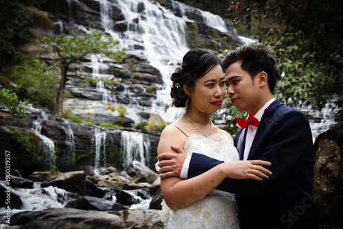Portrait Wedding on huge Mae Ya waterfall Wedding in Asia