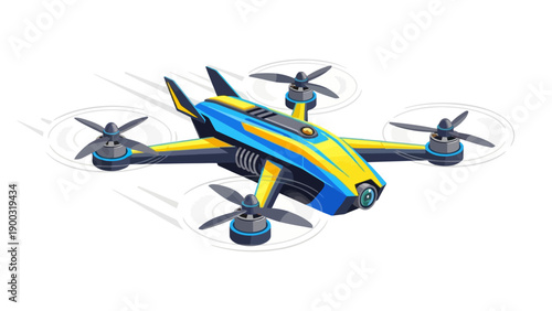 Pixel art drone with blue yellow and grey colors flying in white space