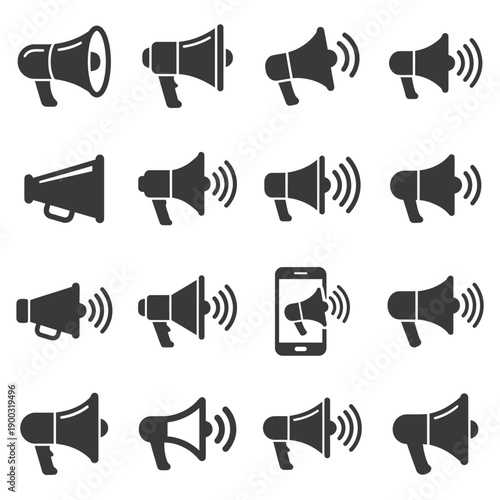 Collection of modern megaphone icons for communication and marketing