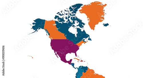 A colorful political map showing the countries and regions of North America, including Canada, United States, Mexico, and Greenland, with distinct color coding.