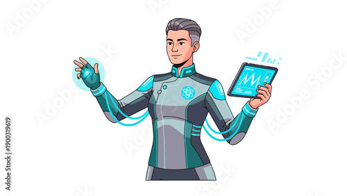 Pixel art of a person in a futuristic suit interacting with holographic technology