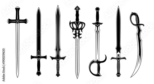 Collection of medieval swords with unique designs and handles