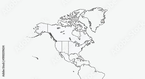 A detailed black and white outline map showing the geographical boundaries of North America, including Canada, the United States, Mexico, and parts of Central America.
