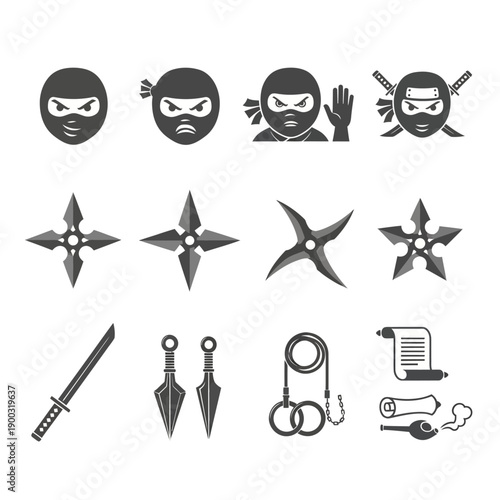 Ninja icons set including shuriken, katana, and smoking pipe