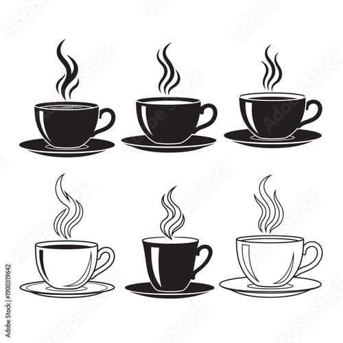 Set of steaming coffee cups in modern line art style for design projects