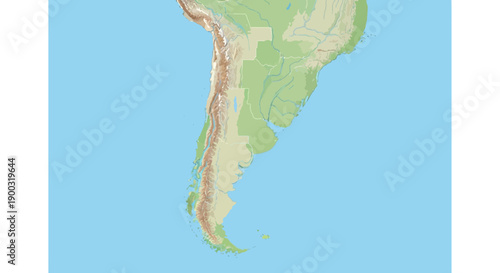 A topographical map showing the southern region of South America, including Chile, Argentina, and surrounding countries, with elevation details.
