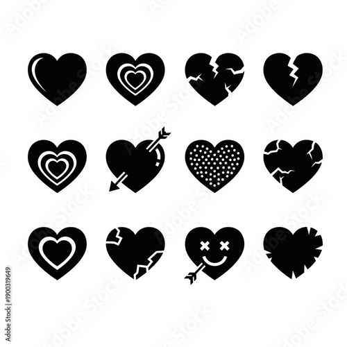 Collection of black heart icons in various styles and emotions