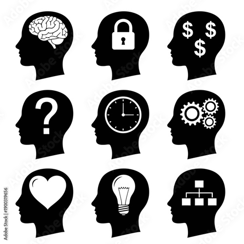 Set of human head silhouettes with various business and psychological concepts