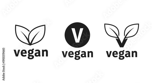 Vegan lifestyle logos with leaf and V symbols for branding
